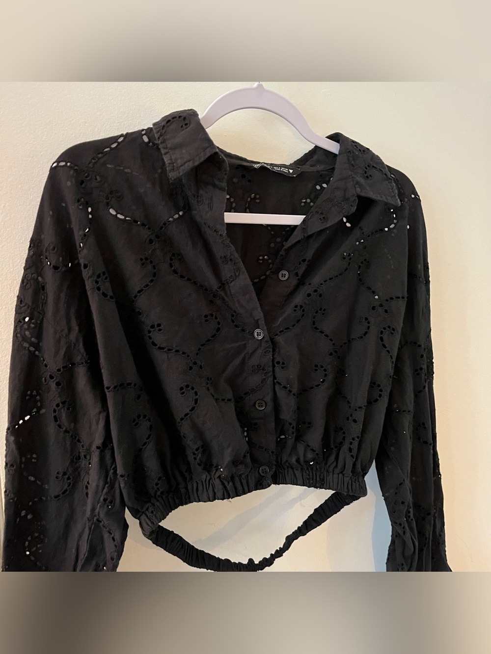 Zara Cropped Boxy Top Long Sleeve Eyelet Collared Edgy Cuffs Alt